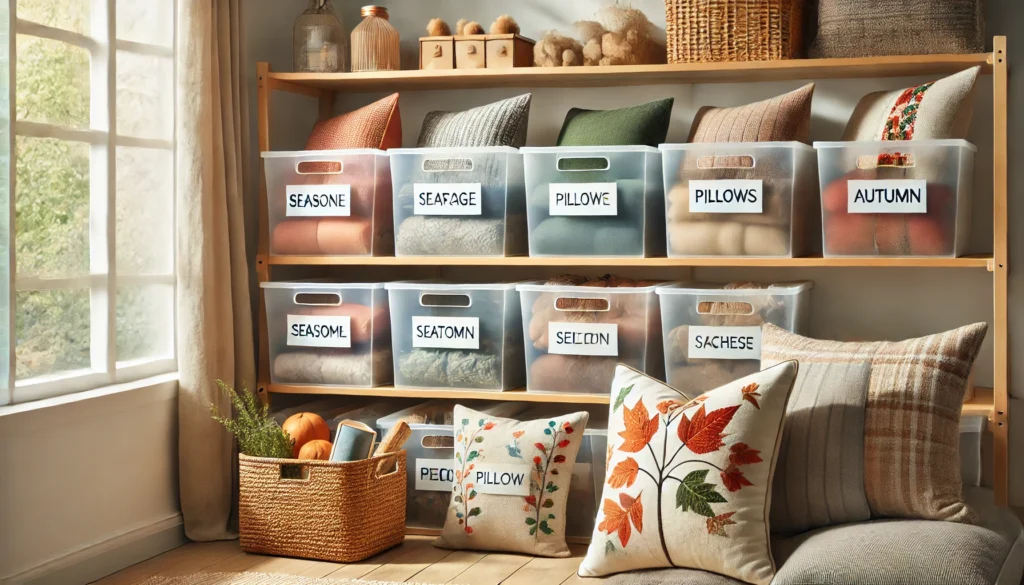 A shelf displaying various pillows and items, illustrating how to store seasonal pillows effectively.