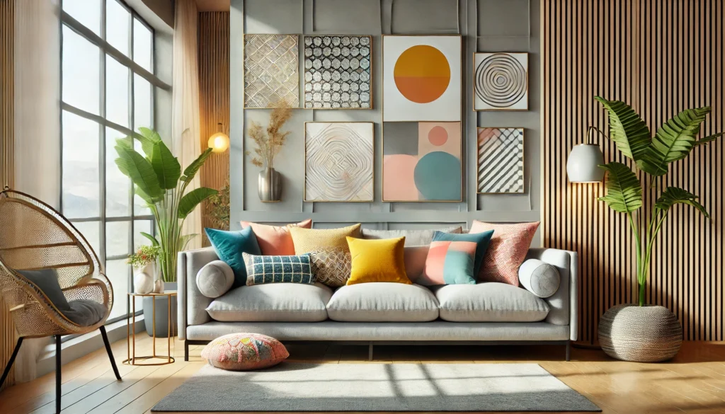 A cozy living room featuring a couch, potted plants, and a wall adorned with pictures. What colour pillows for grey couch?