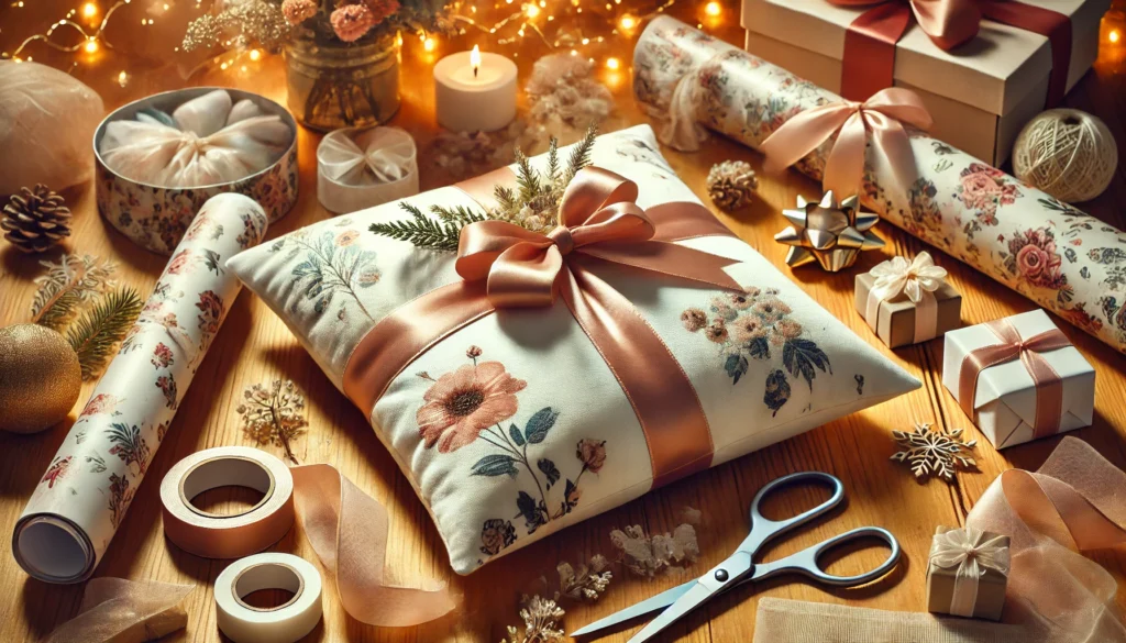 Christmas gifts and candles arranged on a wooden table, showcasing ideas on how to wrap a pillow as a gift.