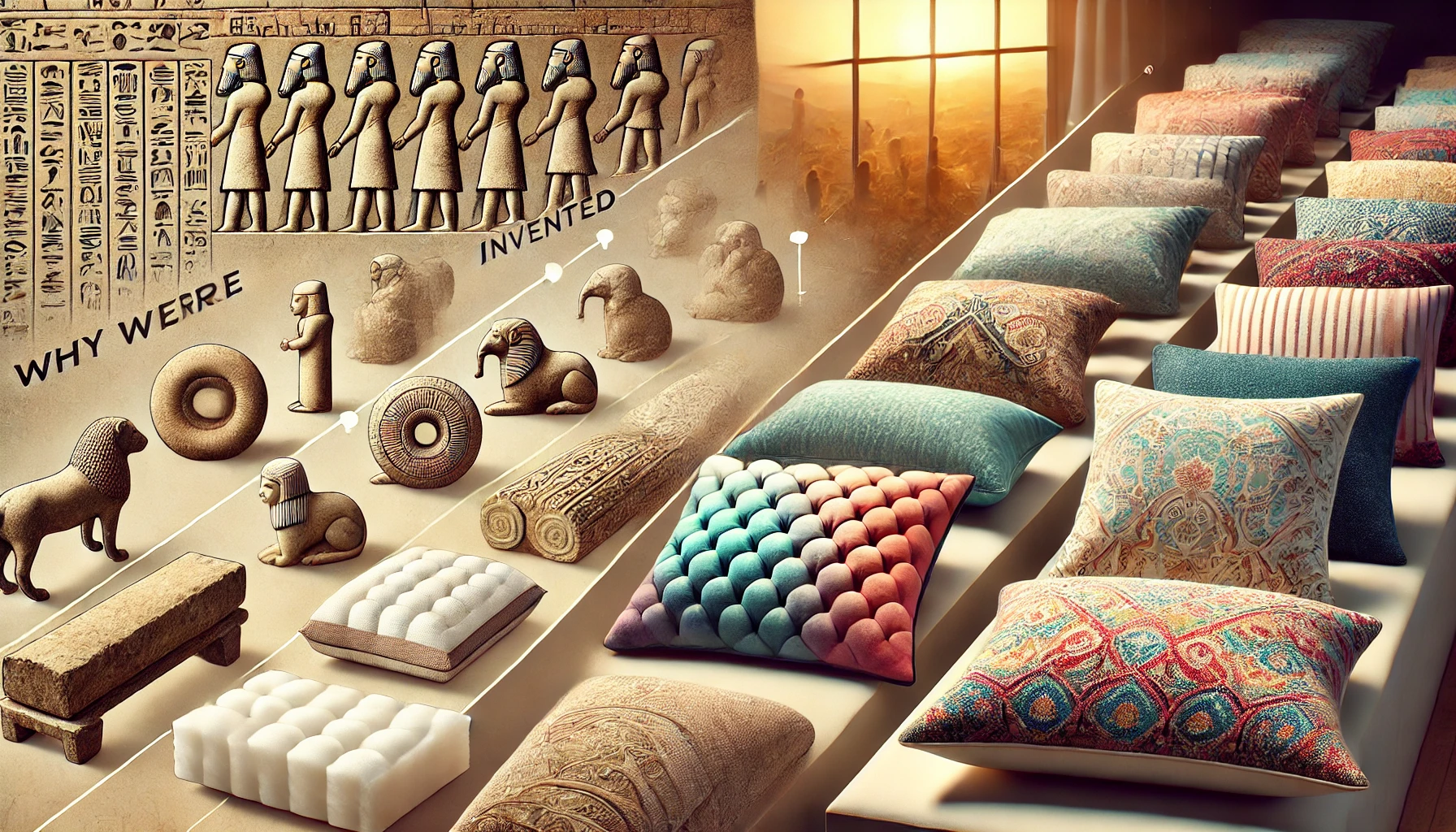 A room filled with colorful pillows and other items, sparking interest in why were pillows invented.