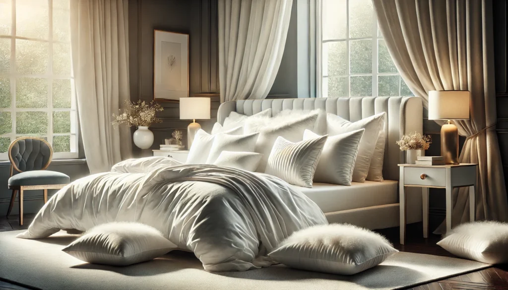 A cozy bedroom featuring white bedding and pillows, perfect for restful sleep. Who makes Down Dreams pillows for comfort?