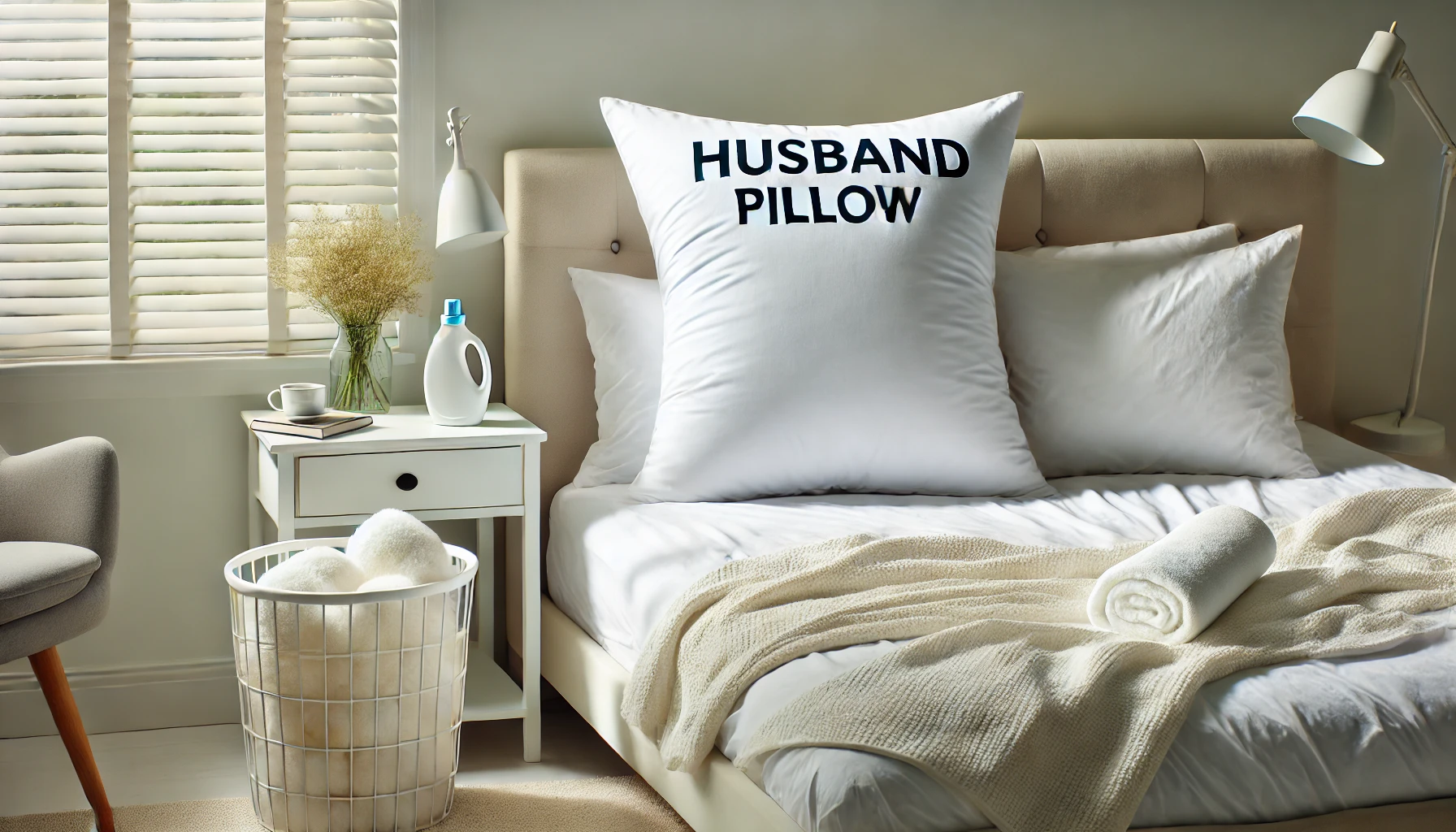 A soft pillow with "husband" written on it, adding charm to any room. How to Wash a Husband Pillow.