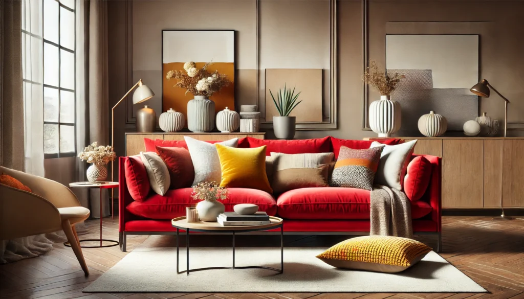 A cozy living room featuring a red couch adorned with yellow pillows, illustrating what color pillows for a red couch work well.