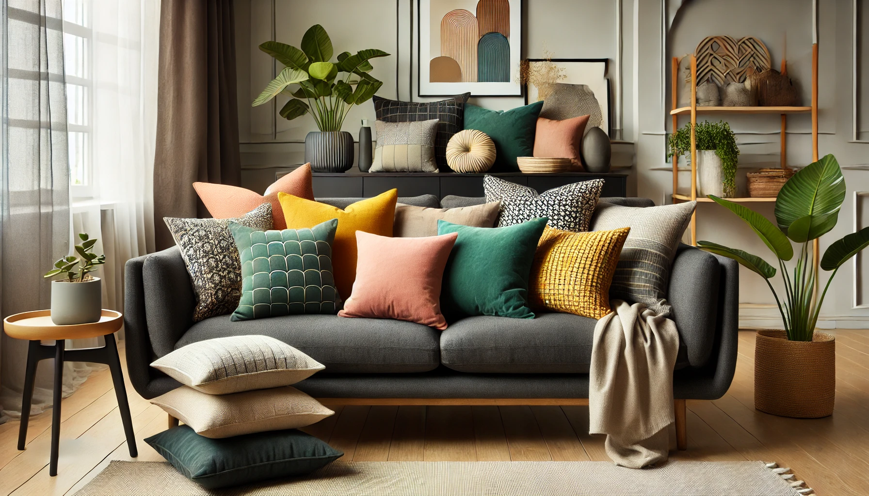 A bright living room with a dark grey couch, soft pillows, and vibrant plants, creating a welcoming atmosphere. What color pillows for dark grey couch?