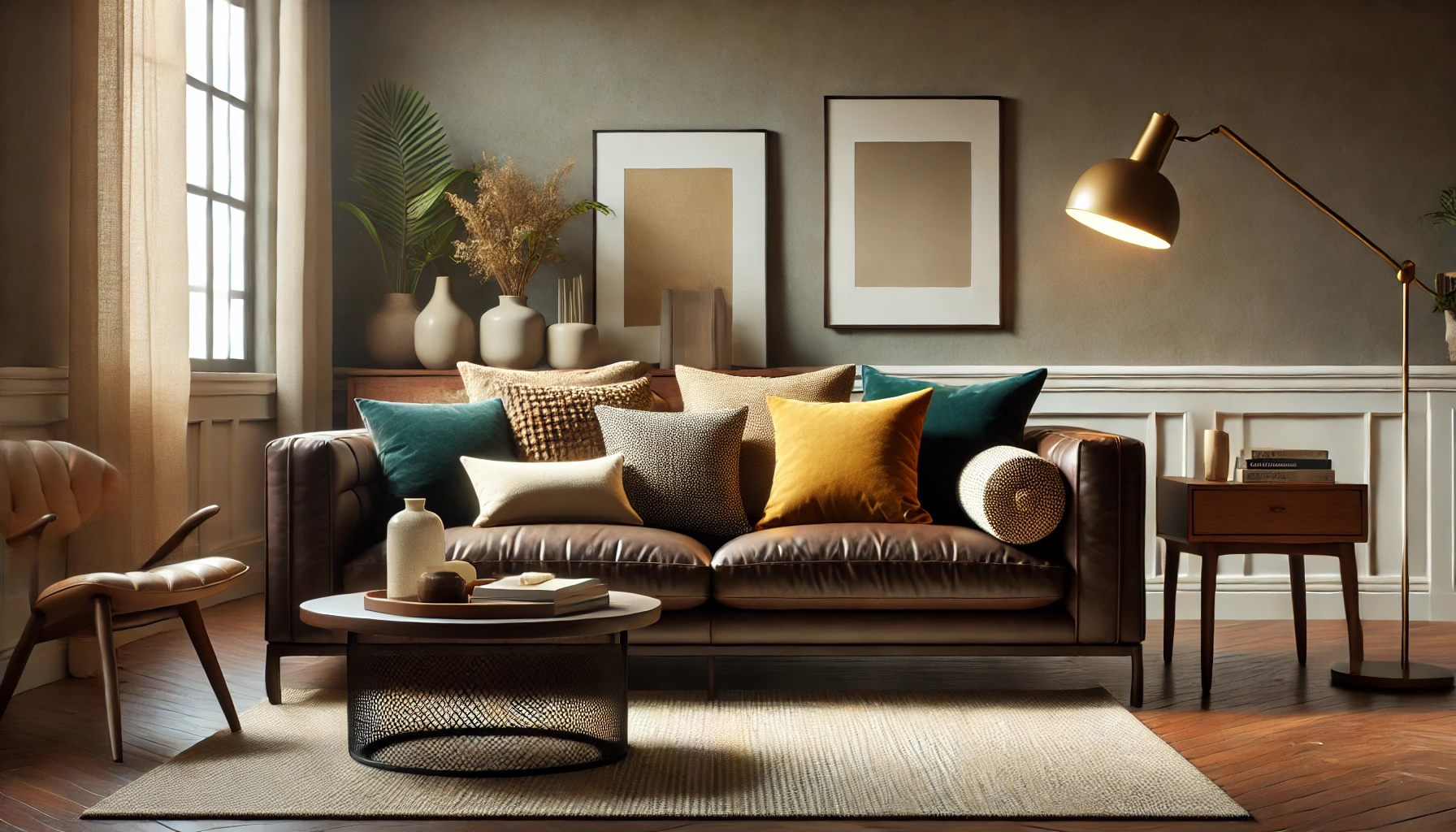 A simple living room scene with a couch, lamp, and framed pictures, ideal for exploring what color pillows for dark brown leather couch.