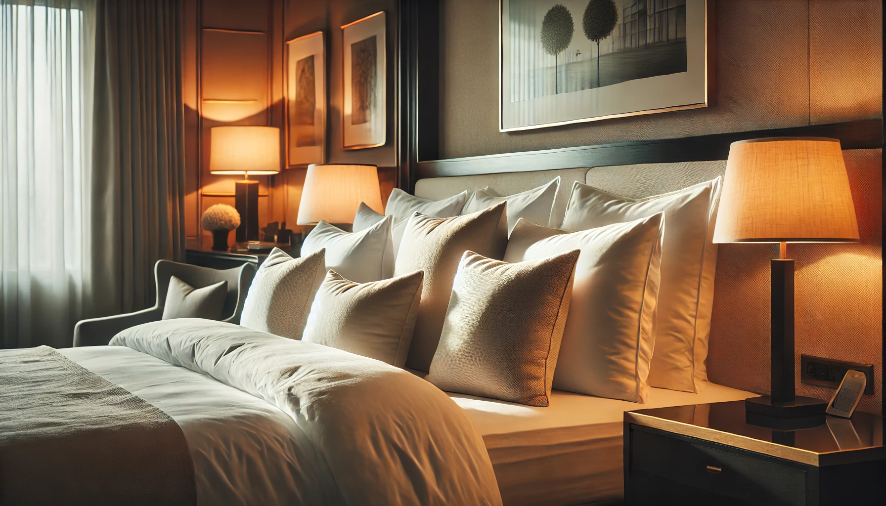 A well-decorated bedroom with a bed, soft pillows, and a lamp, highlighting the pillows used at Embassy Suites.