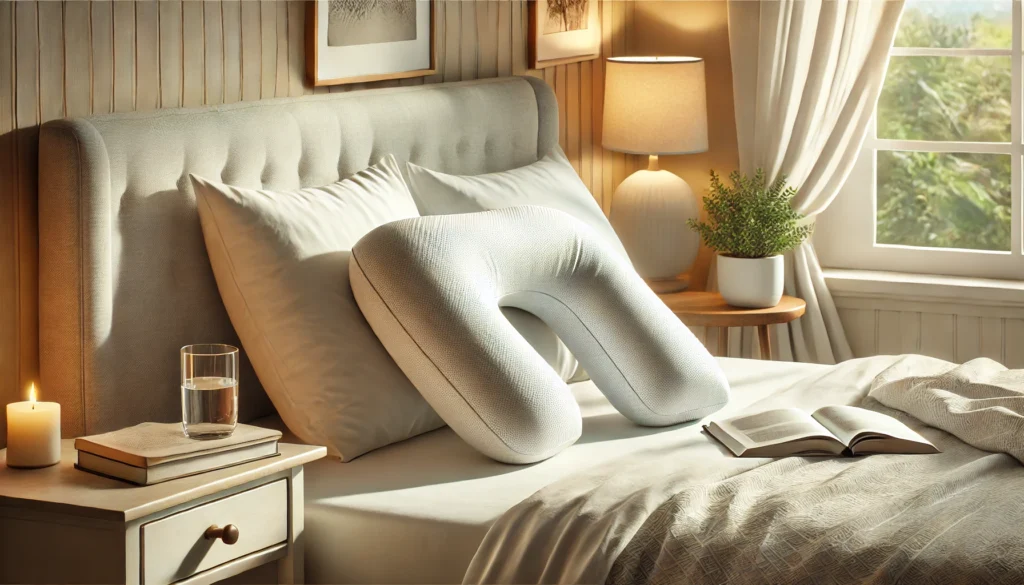 A pillow rests on a bed, demonstrating how to sleep on a Tempur Pedic neck pillow for better comfort.
