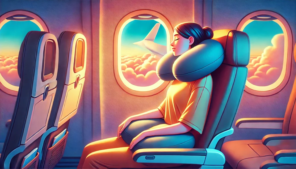 A woman is peacefully sleeping in an airplane seat, demonstrating how to use a travel pillow correctly for comfort.