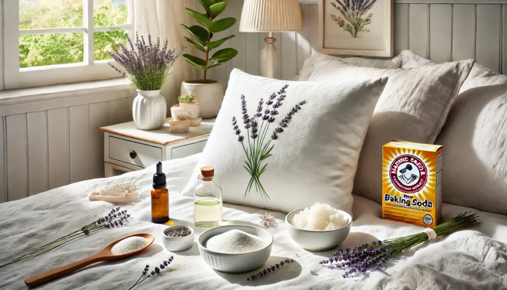 A bed adorned with lavender and various items, showcasing a cozy atmosphere and tips on how to make pillows smell fresh without washing.