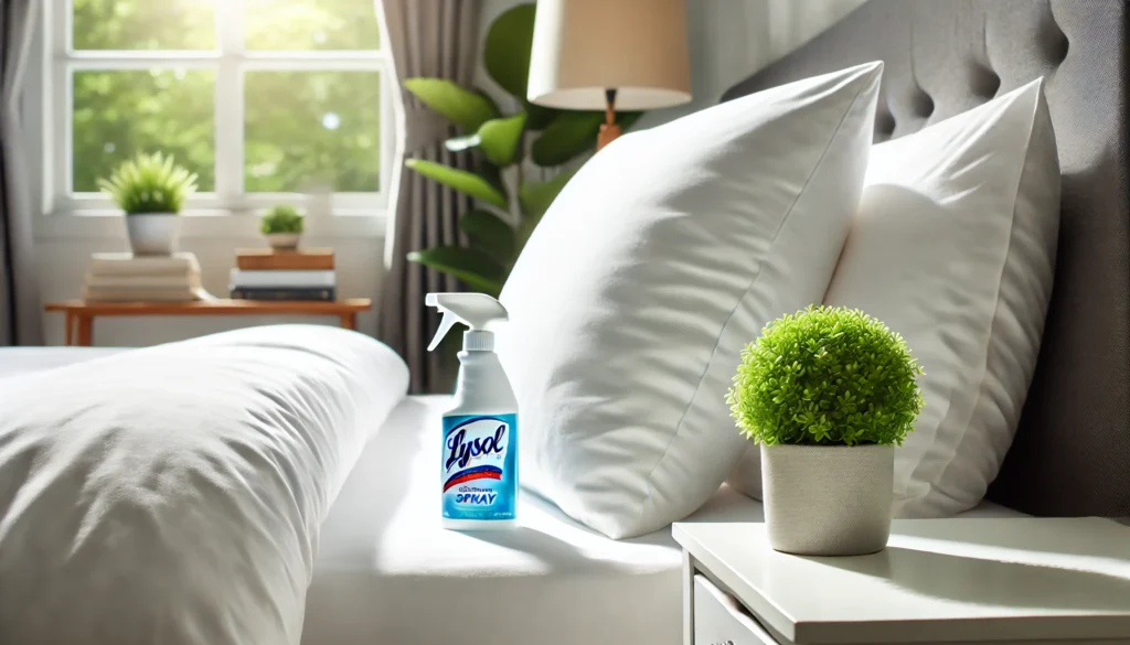 A bed with pillows and a bottle of bleach, raising the question: Is it safe to spray Lysol on pillows?