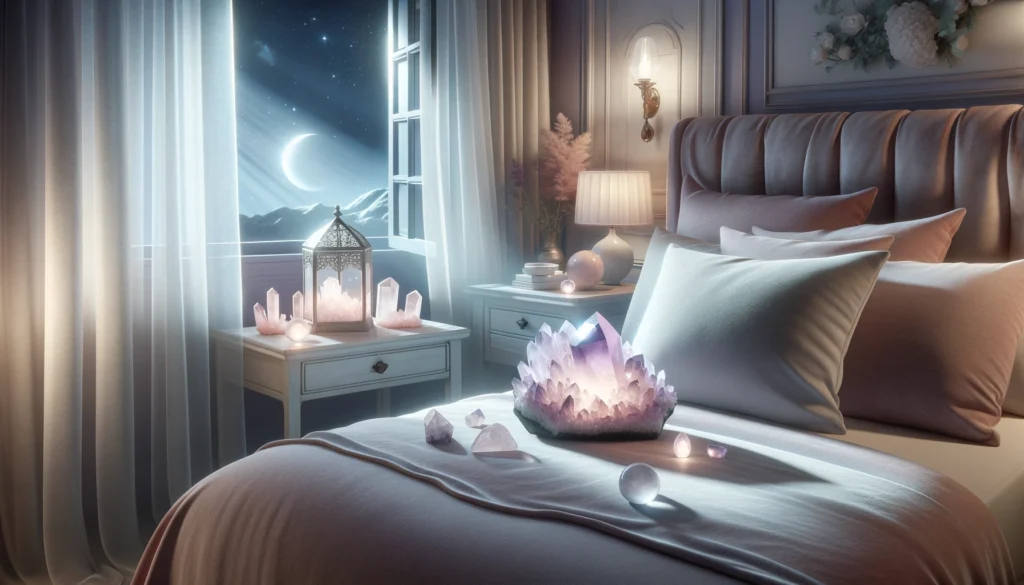 A cozy bedroom featuring a bed, a lamp, and a crystal, perfect for exploring what crystals should I put under my pillow.