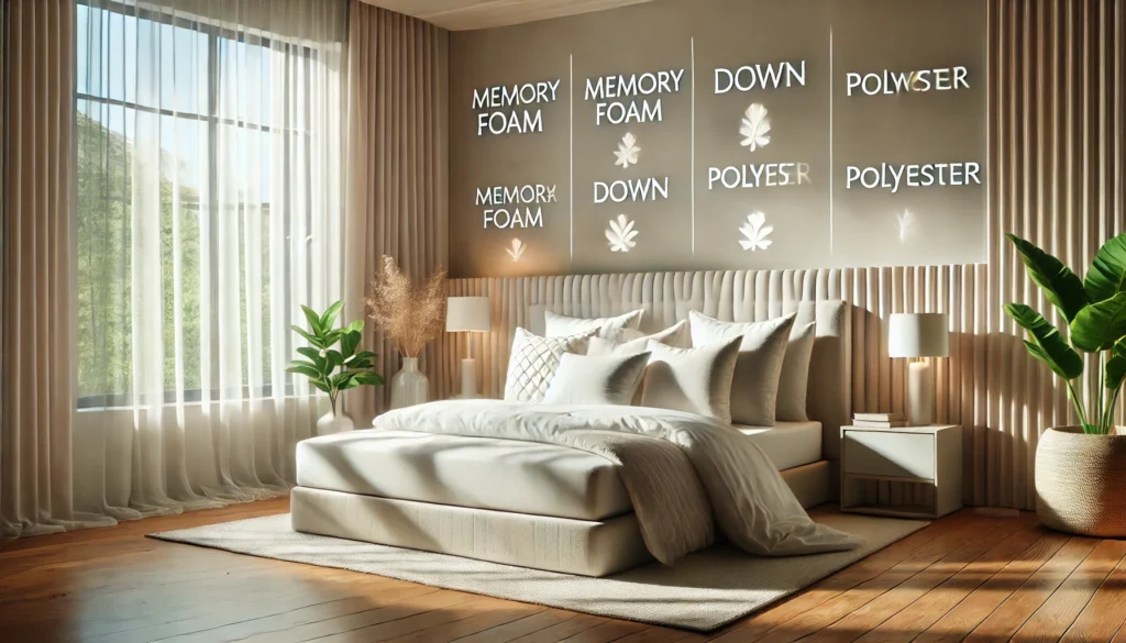 A cozy bedroom featuring a bed, a window, and a wall displaying various names. What is the best filling for bed pillows?