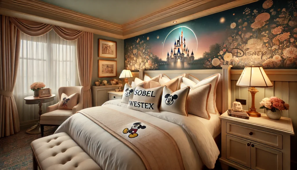 A bedroom decorated with a Mickey Mouse theme, featuring colorful bedding and cheerful wall art. What pillows do Disney resorts use?