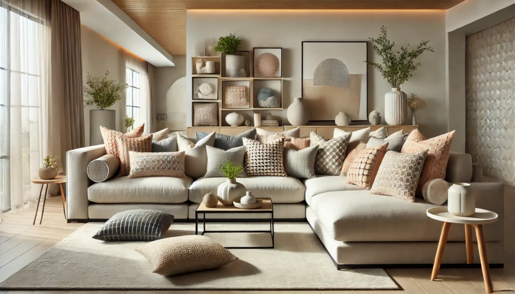 A cozy living room featuring a large sectional couch adorned with pillows, demonstrating how to place pillows on a sectional.