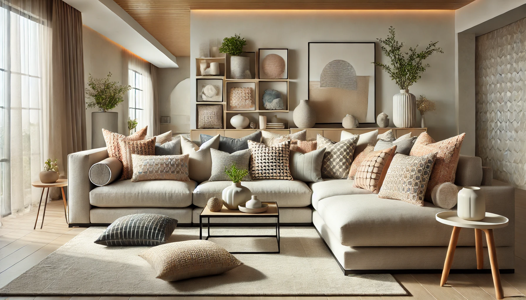 A spacious living room with a large sectional couch and colorful pillows, illustrating how to place pillows on a sectional.