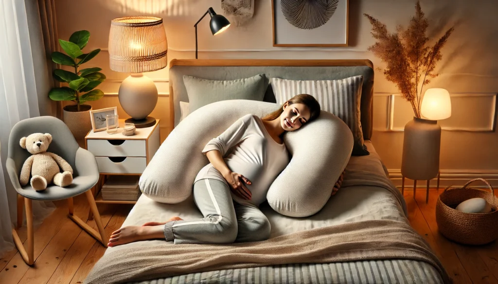 A woman resting on a bed with a pillow, demonstrating how to sleep with a Boppy pregnancy pillow comfortably.