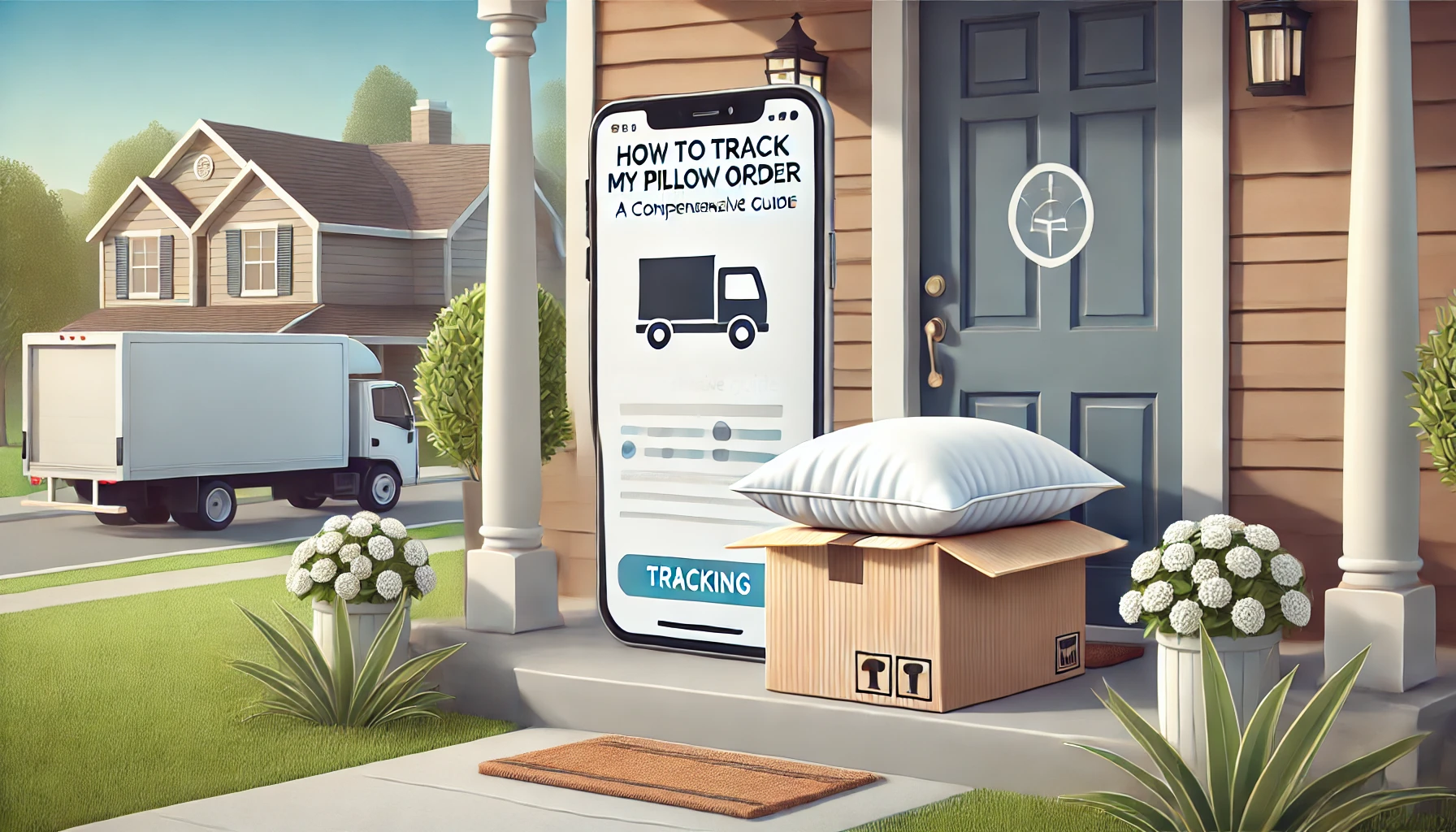 A moving truck is seen parked in front of a house, displaying a sign that says, "I'm moving to your neighborhood." How to Track My Pillow Order.