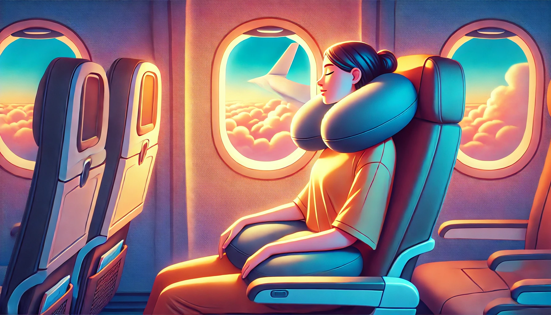 A woman rests comfortably on an airplane seat, showing how to use a travel pillow correctly for better sleep during flights.