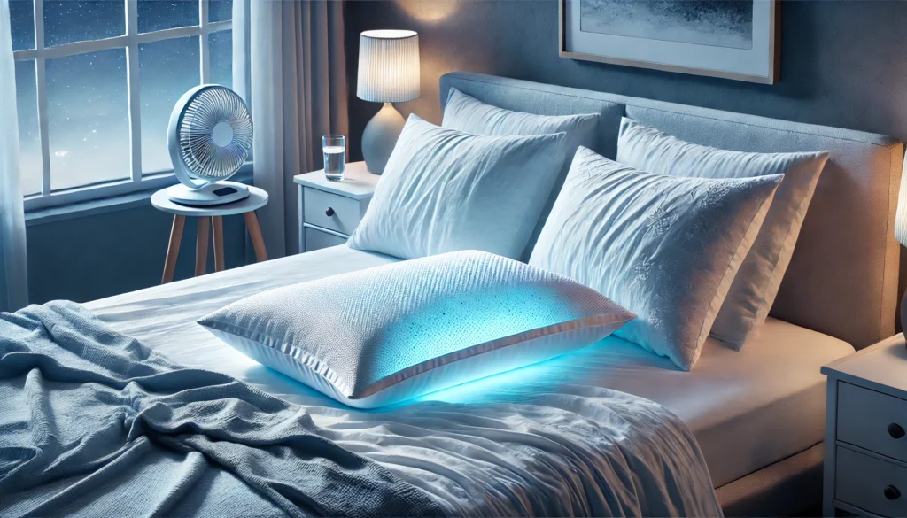 A bed illuminated by a soft blue light, demonstrating a cozy atmosphere for learning how to keep your pillow cold.