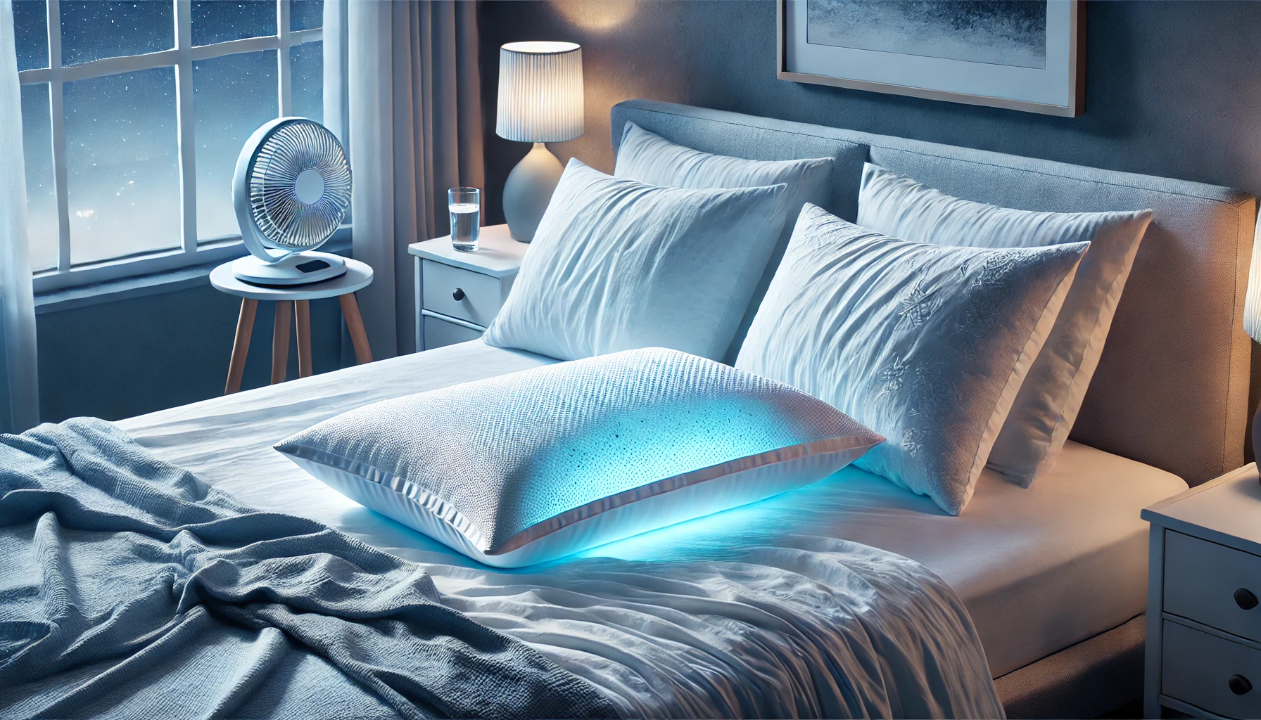 A bed with a calming blue light, perfect for relaxing while discovering how to keep your pillow cold.