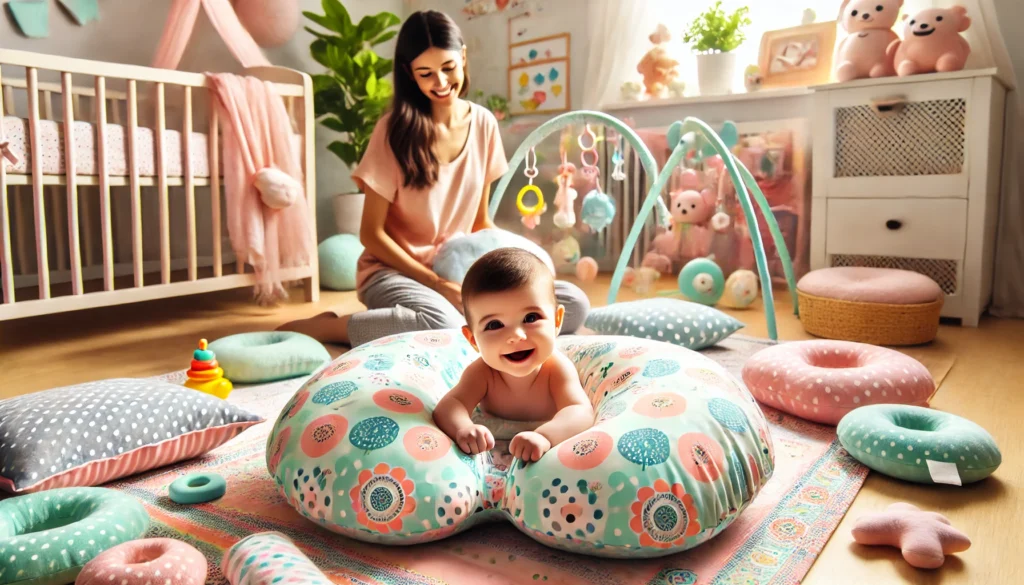 A woman sits with a baby in a toy-filled room, demonstrating how to use a Boppy pillow for a 3-month-old.