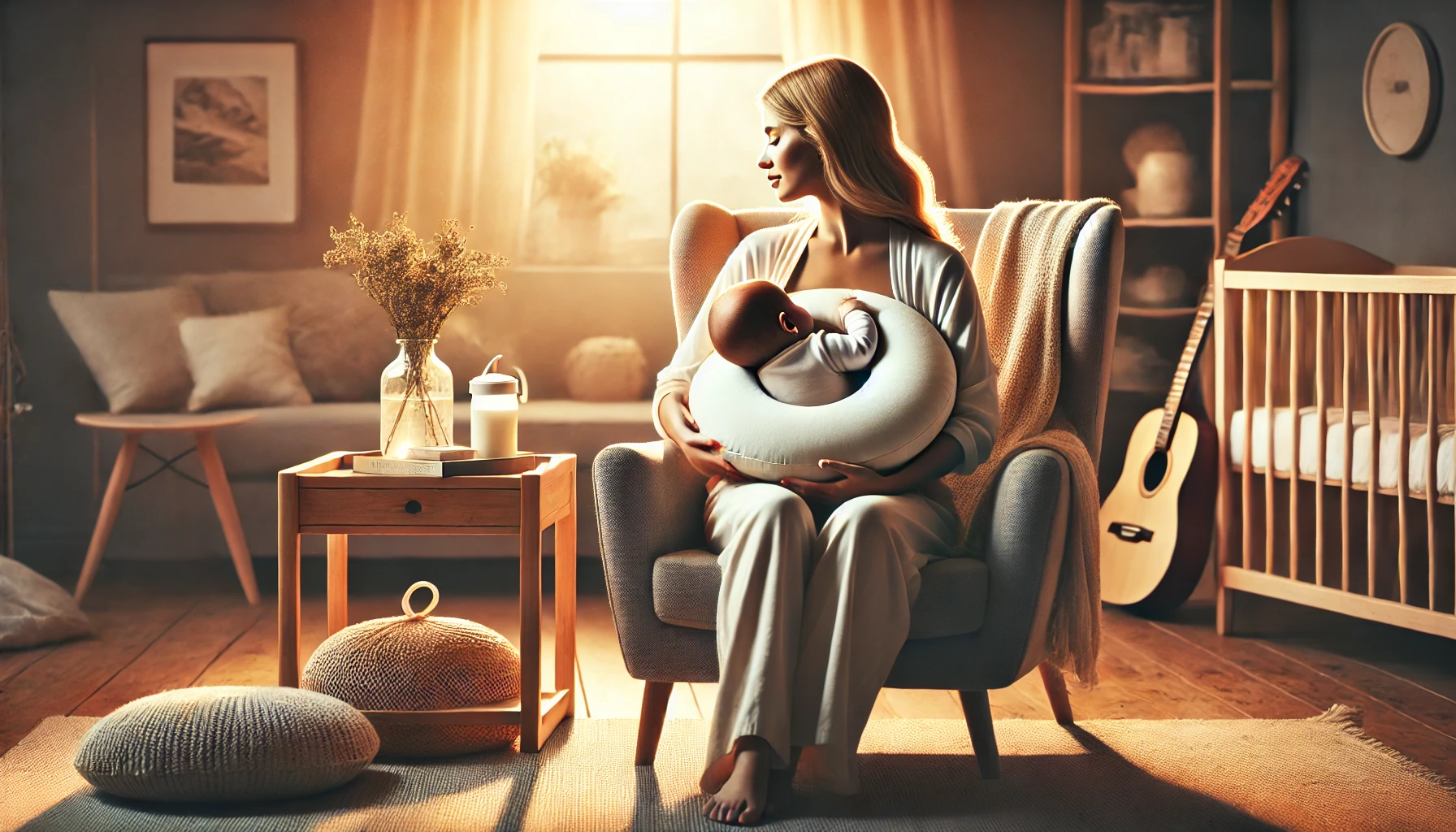 A woman comfortably holds a baby in her arms while seated, showing how to use the Breast Friend Pillow effectively.