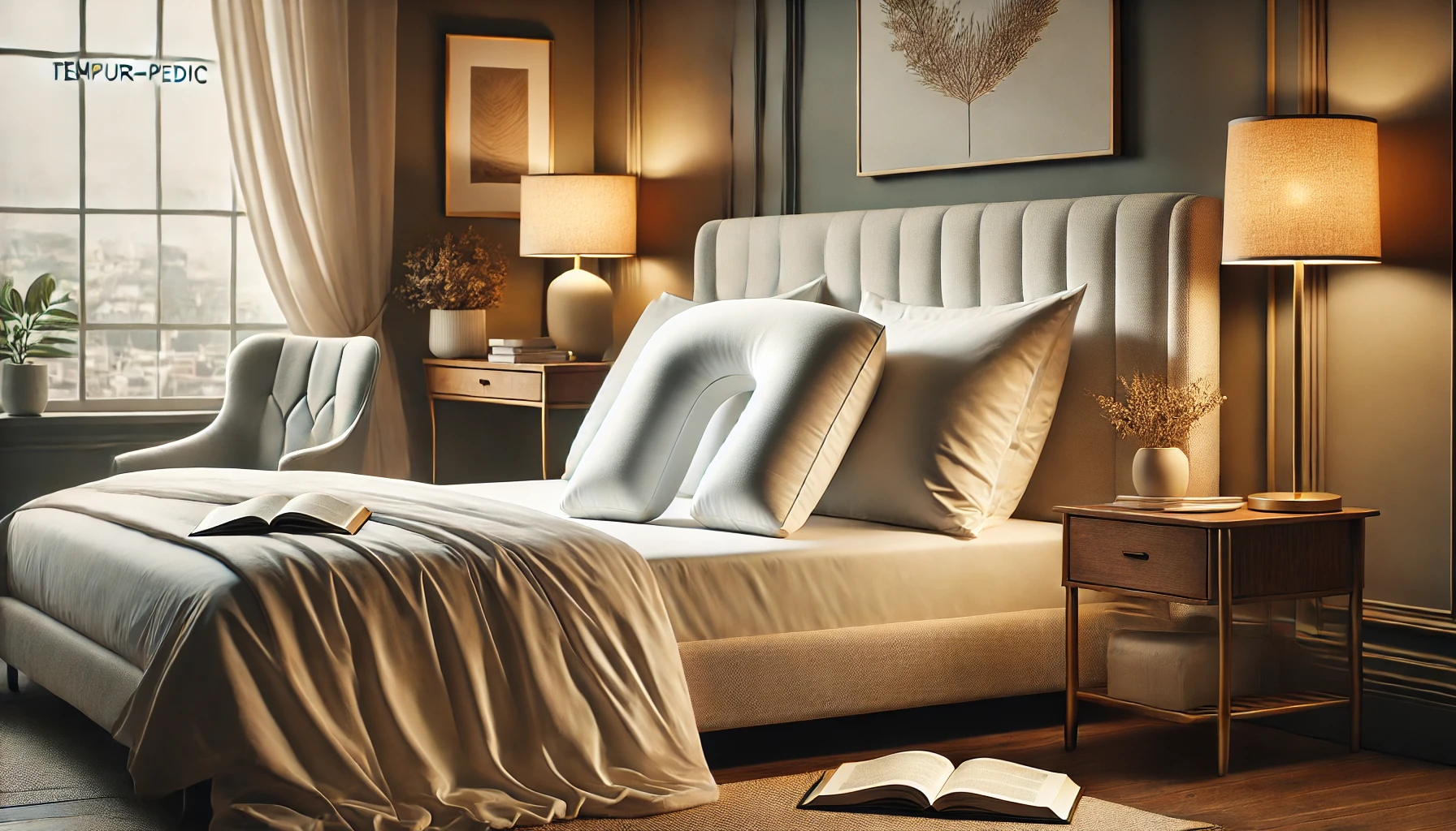 A simple bedroom scene with a bed, a lamp, and a book, showing how to use a Tempur Pedic neck pillow effectively.