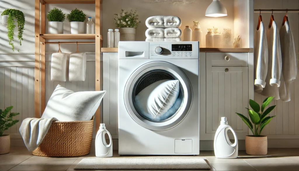 A washing machine with towels in a room, illustrating how to wash a body pillow in the washer.
