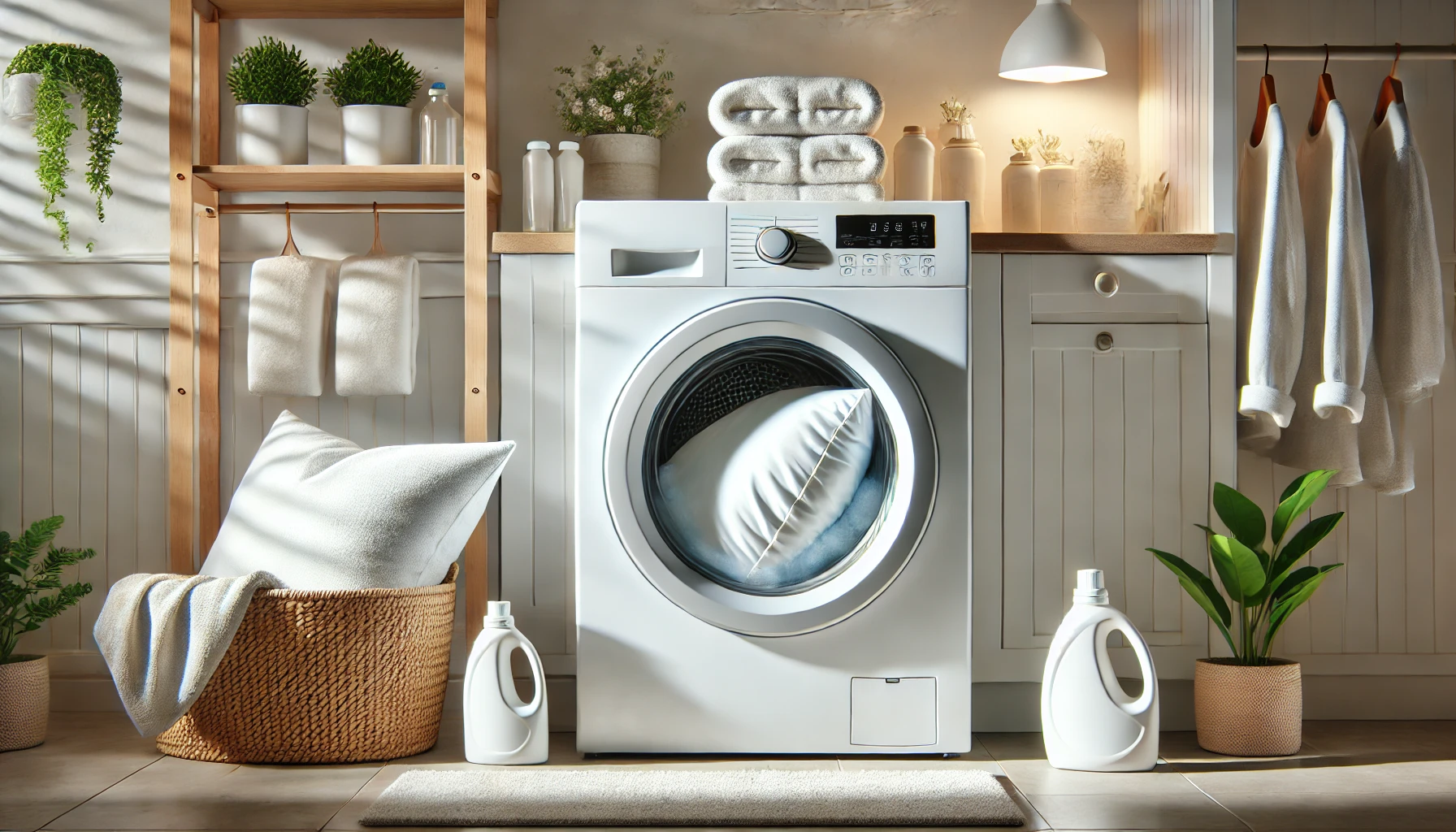 A room featuring a washing machine and towels, showing how to wash a body pillow in the washer.