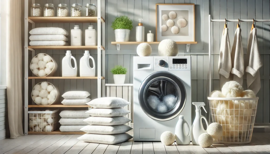 A laundry room featuring a washing machine and various items, illustrating how to wash a fluffy pillow effectively.