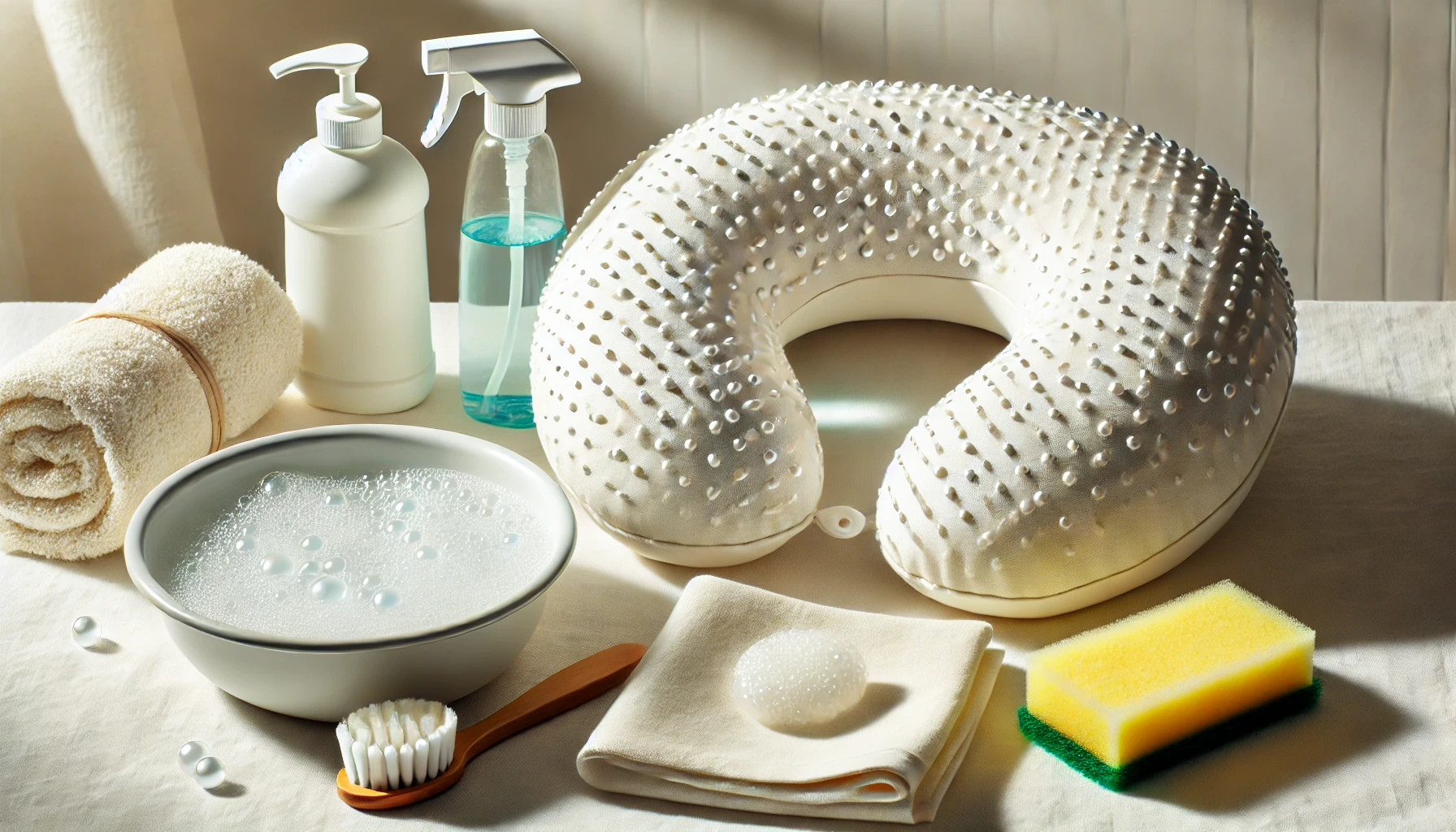 Various white items such as a pillow, towel, sponges, and cloths, demonstrating how to wash neck pillow with beads.