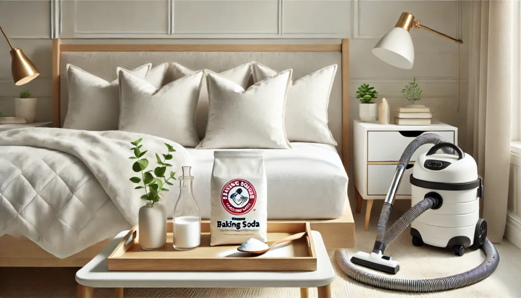 A clean bedroom featuring a bed with a white bedspread, a white nightstand, and a white vacuum cleaner. How to wash pillows with baking soda.