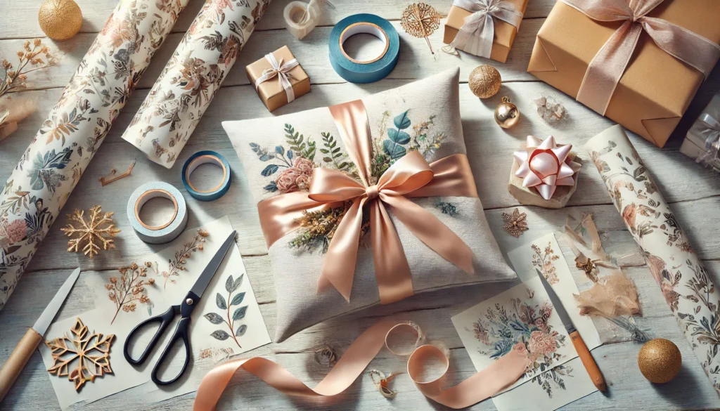 Christmas gifts wrapped in colorful paper and ribbons on a wooden table, showing how to wrap a pillow with wrapping paper.