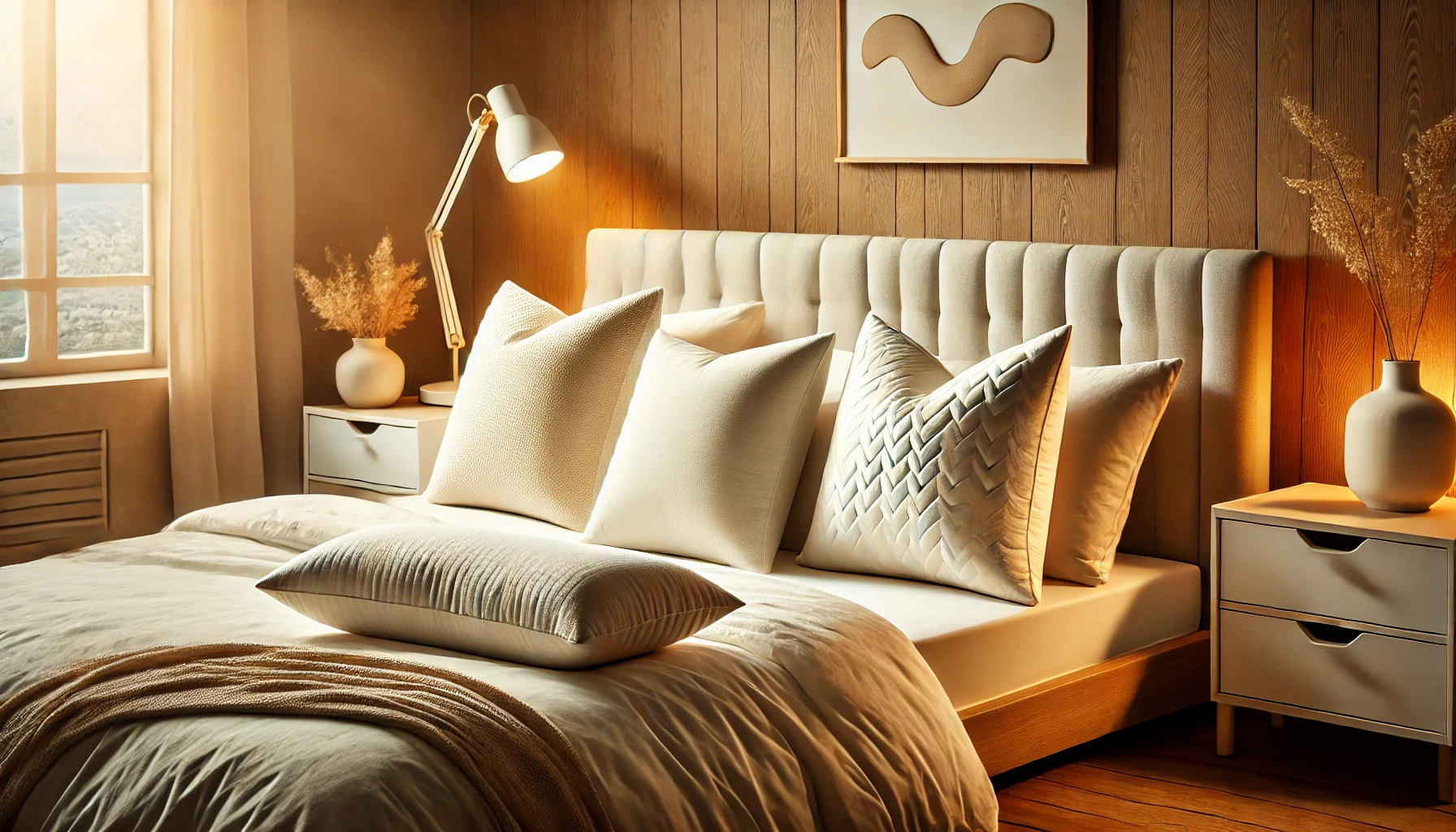 A cozy bed with soft pillows and a nightstand featuring a lamp, ideal for side sleepers with shoulder pain.