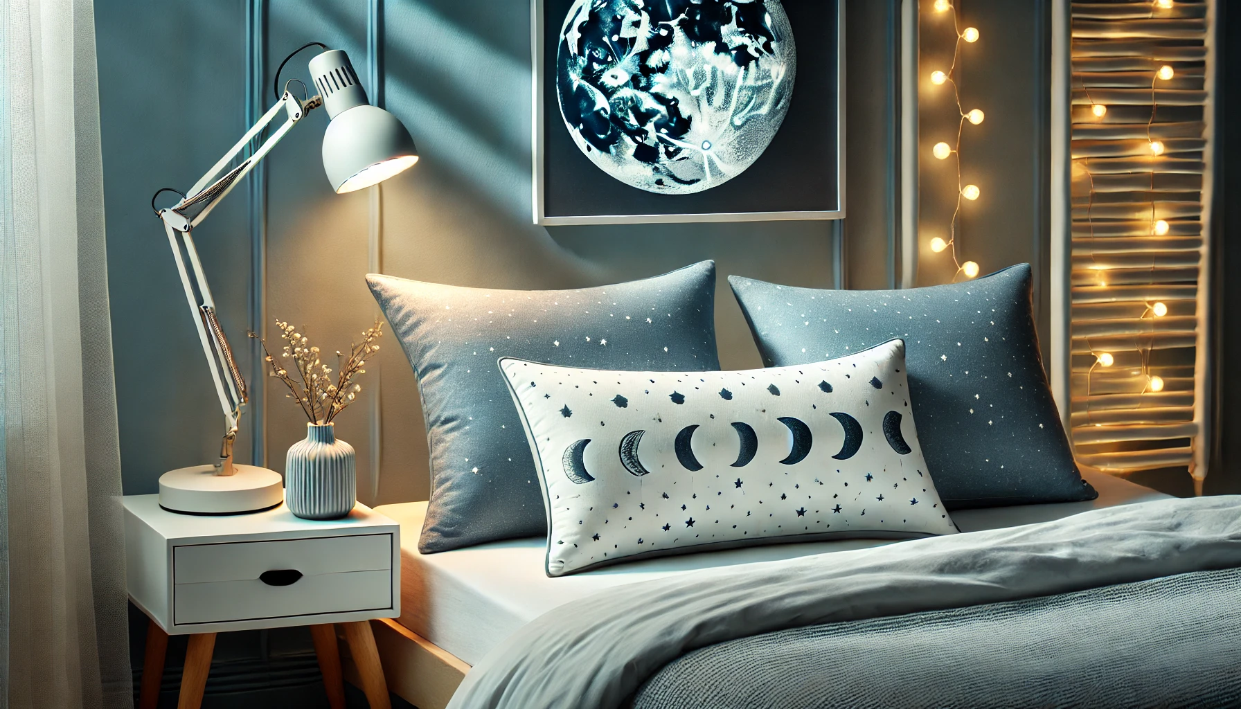 A cozy bedroom with blue walls and a moon decoration, perfect for relaxing with the best budget pillows for side sleepers.