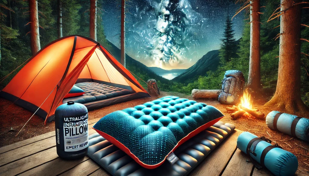 A tent and sleeping bag are arranged in the woods, perfect for a camping trip with the best budget camping pillow.