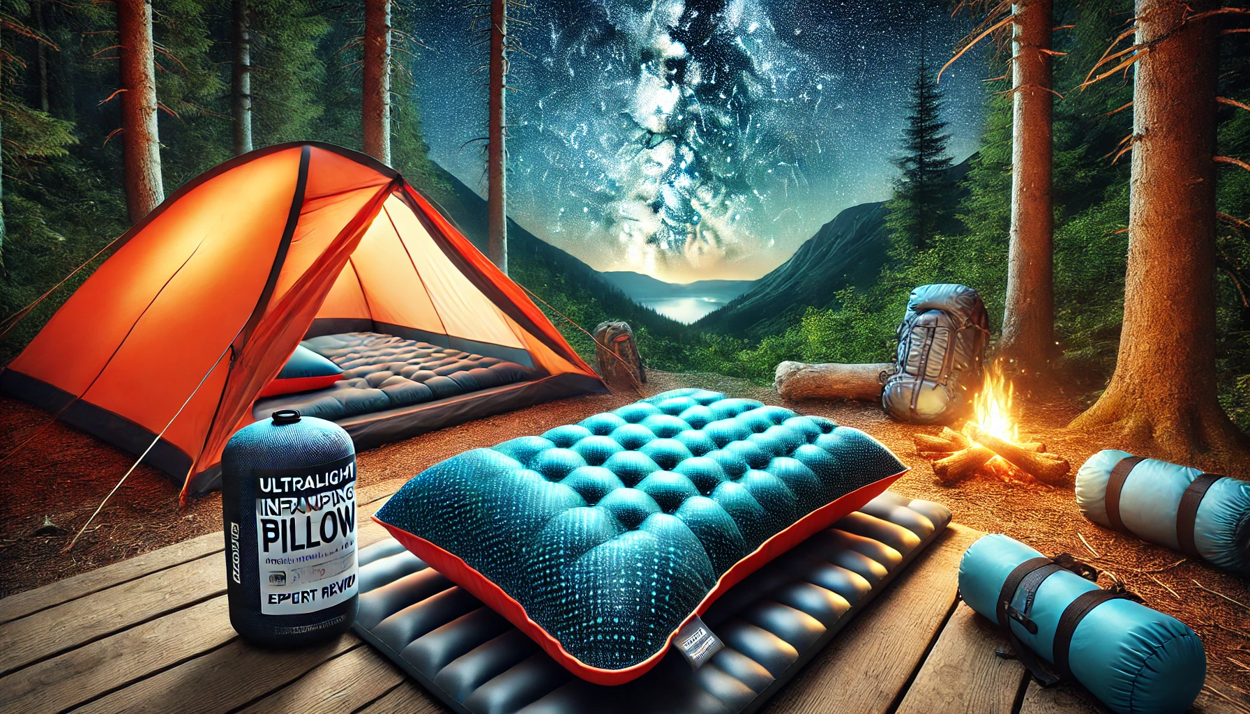 A tent and sleeping bag are arranged in the woods, perfect for a camping trip with the best budget camping pillow.