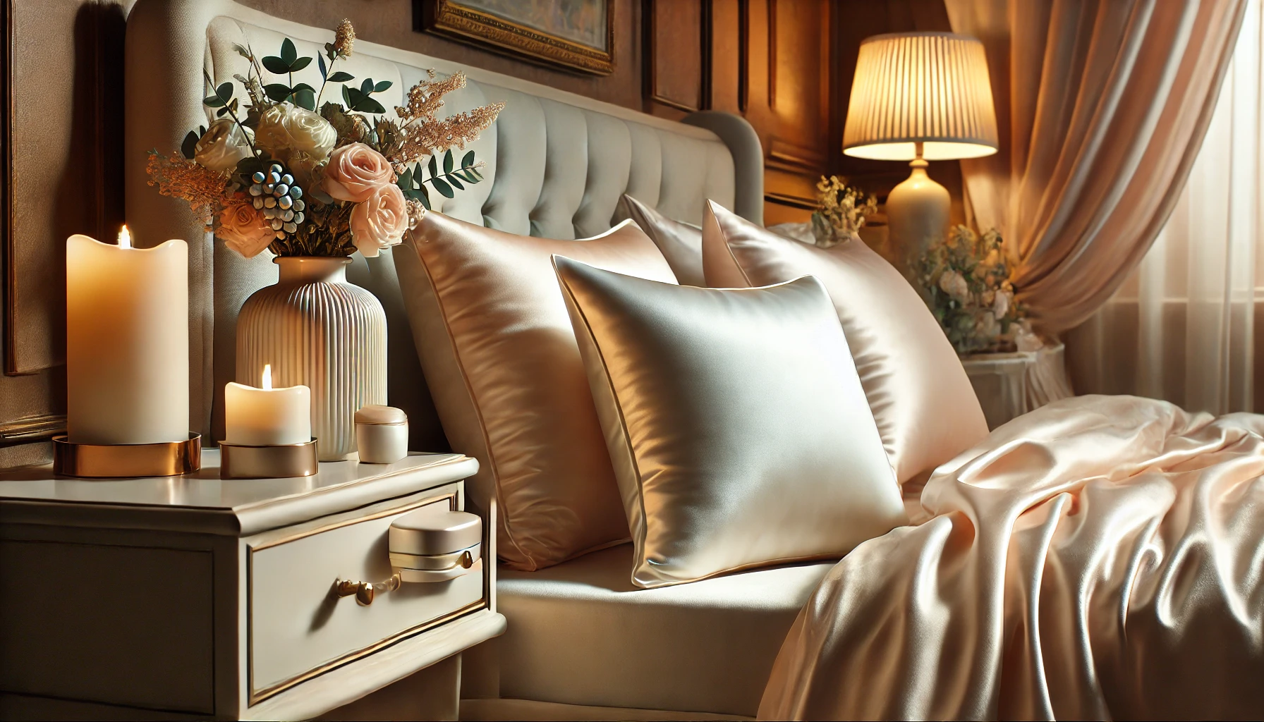 A cozy bed with white pillows and candles, perfect for a restful night and the best pillow case for hair and skin.