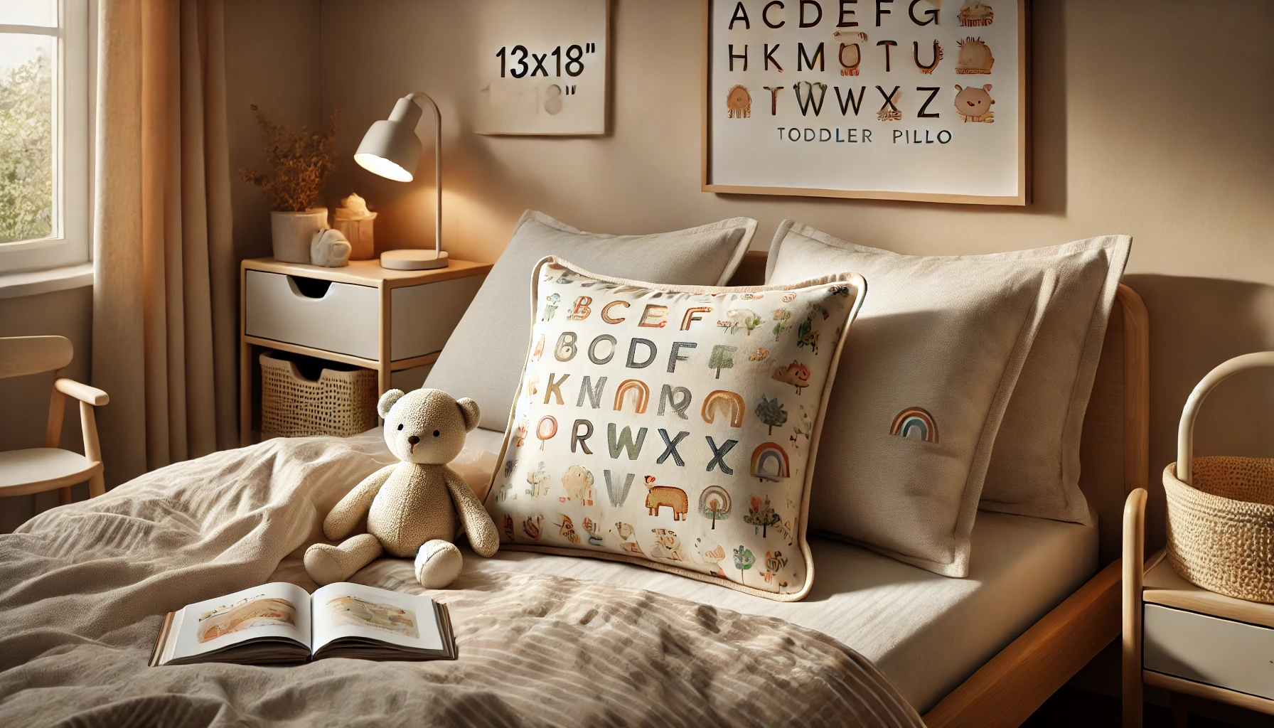 A cozy child's bedroom featuring a teddy bear and a book, perfect for bedtime with the best pillow for 2-year-old.