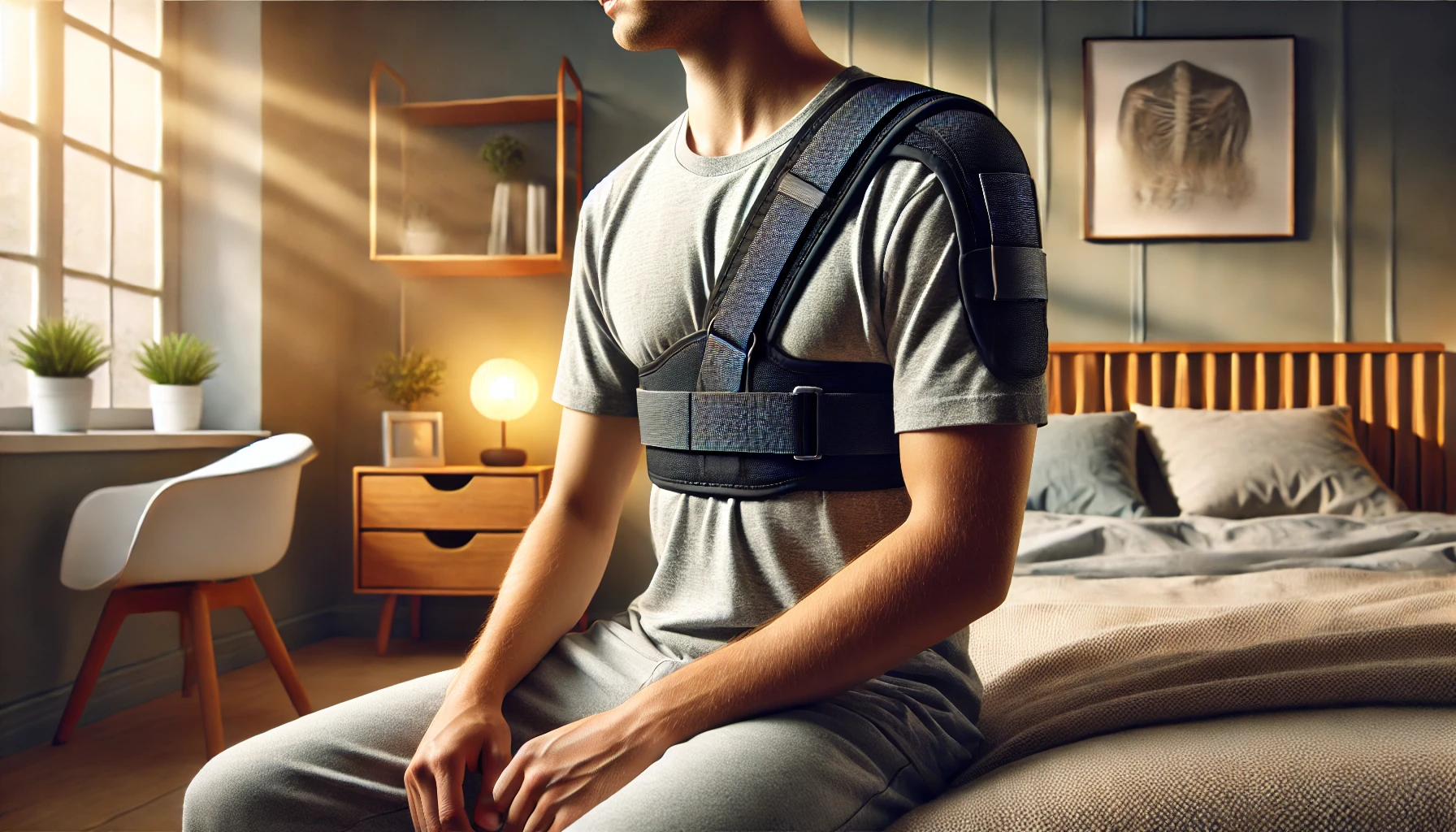 A man seated on a bed in a back brace, considering the best pillow for rotator cuff pain support.