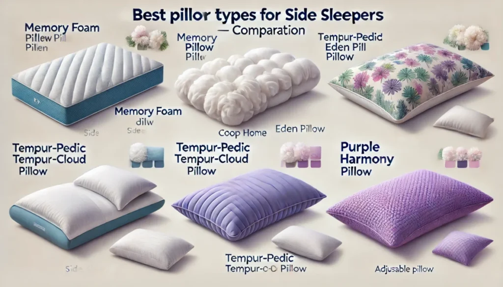 Showing different pillow types for side sleepers, answering the question: What Are the Best Pillows for Side Sleepers?