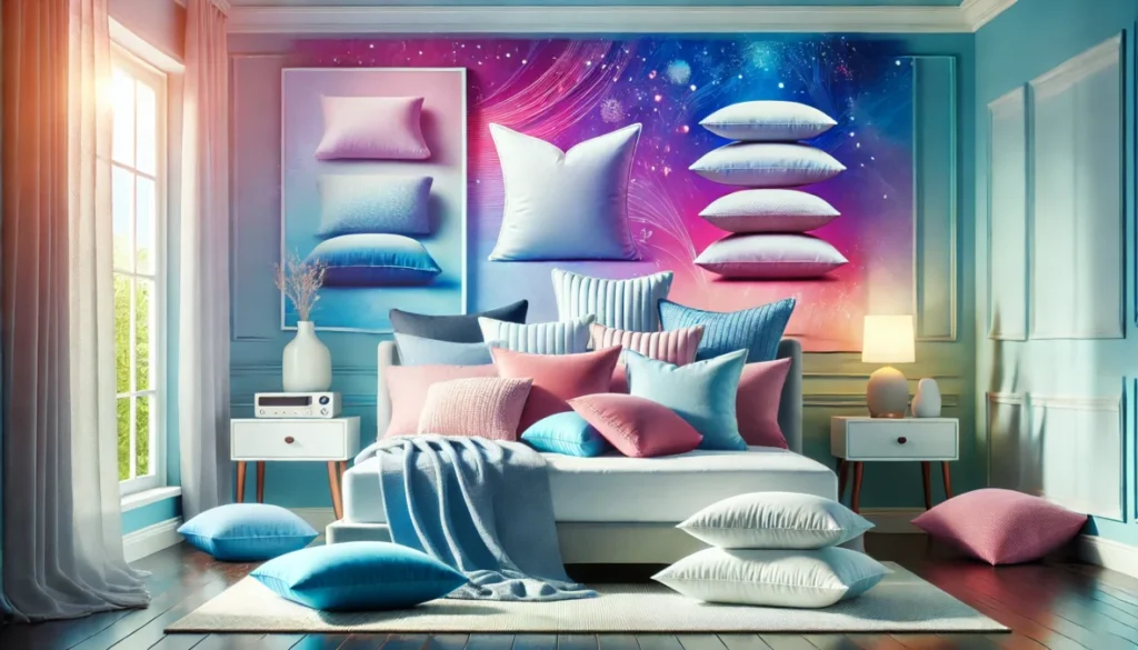 A cozy bedroom with blue walls and pillows showing, perfect for relaxing and thinking about who makes the best bed pillows.