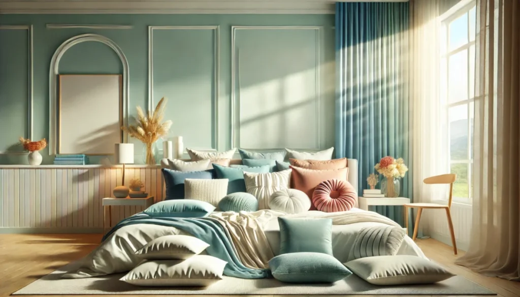 A cozy bedroom with many soft pillows in calm colors on a sunlit bed, showing a relaxing space for the 10 Most Recommended Pillows.