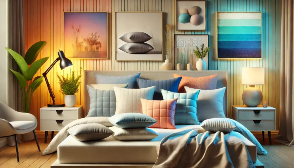 A cozy bedroom with many soft and colorful pillows arranged on the bed, showing different pillow styles to help explain what are the best pillows filled with.