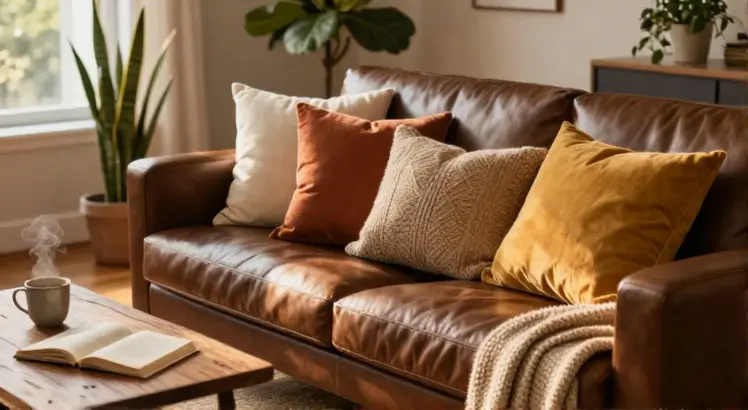 what color pillows for dark brown leather couch