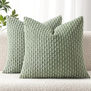 MIULEE Pack of 2 Decorative Throw Pillow Covers 18x18 Inch Soft Boho Striped Textured Corduroy Pillow Covers Spring Modern Farmhouse Home Decor for Couch Bed Sofa Living Room Sage Green
